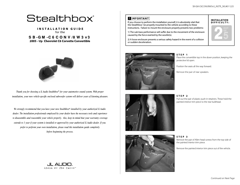 Page 1 de la notice Guide d'installation JL Audio Stealthbox SB-GM-C6CONV/8W3v3