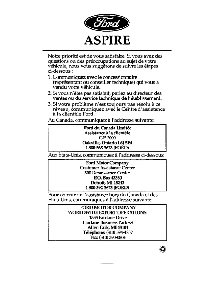 Page 1 de la notice Mode d'emploi Ford Aspire (1996)