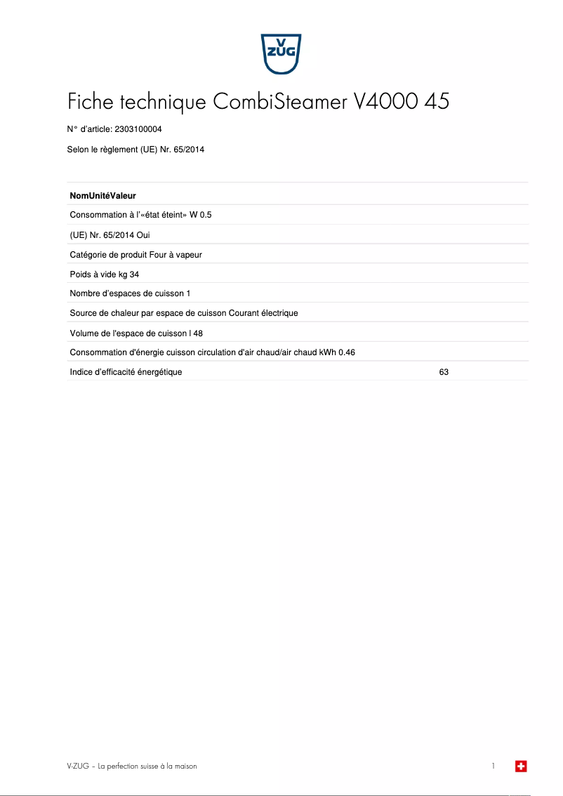 Page 1 de la notice Fiche technique V-Zug CombiSteamer V4000 45
