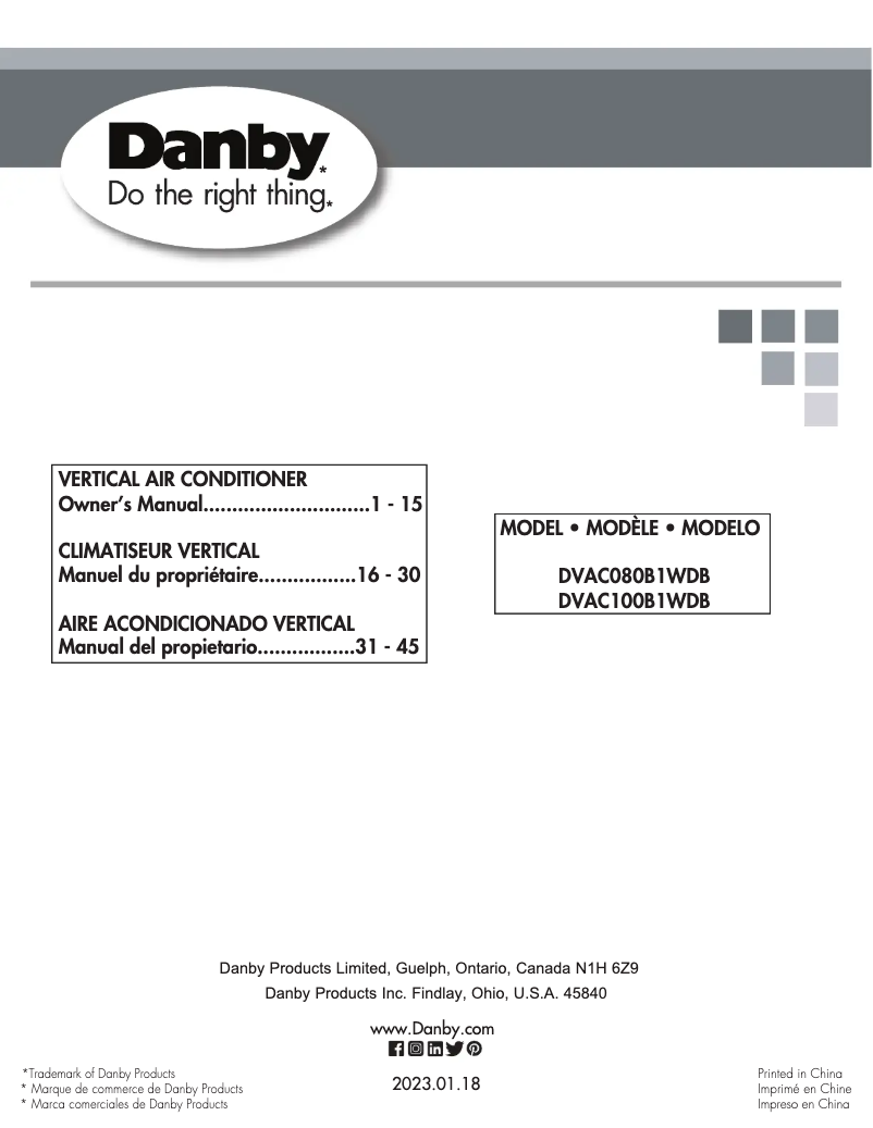 Page 1 de la notice Manuel utilisateur Danby DVAC100B1WDB