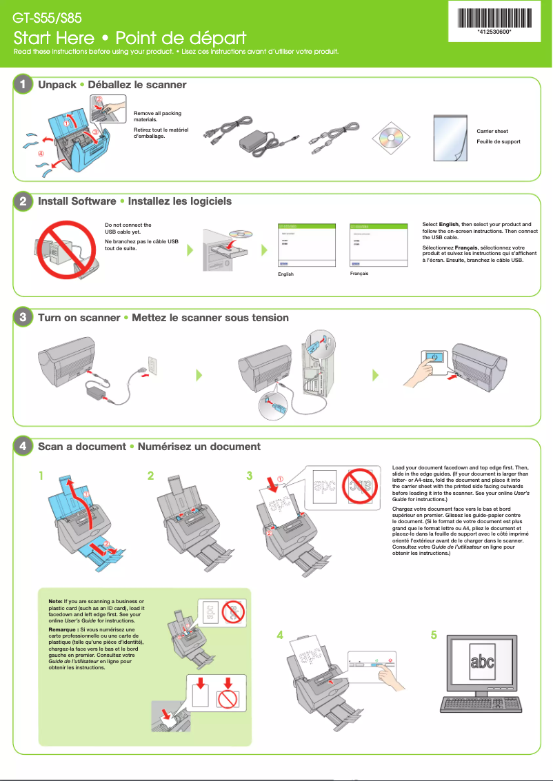 Page 1 de la notice Guide d'installation Epson GT-S85N
