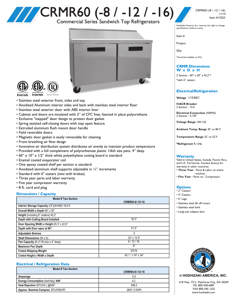 Page 1 de la notice Fiche technique Hoshizaki CRMR60-12