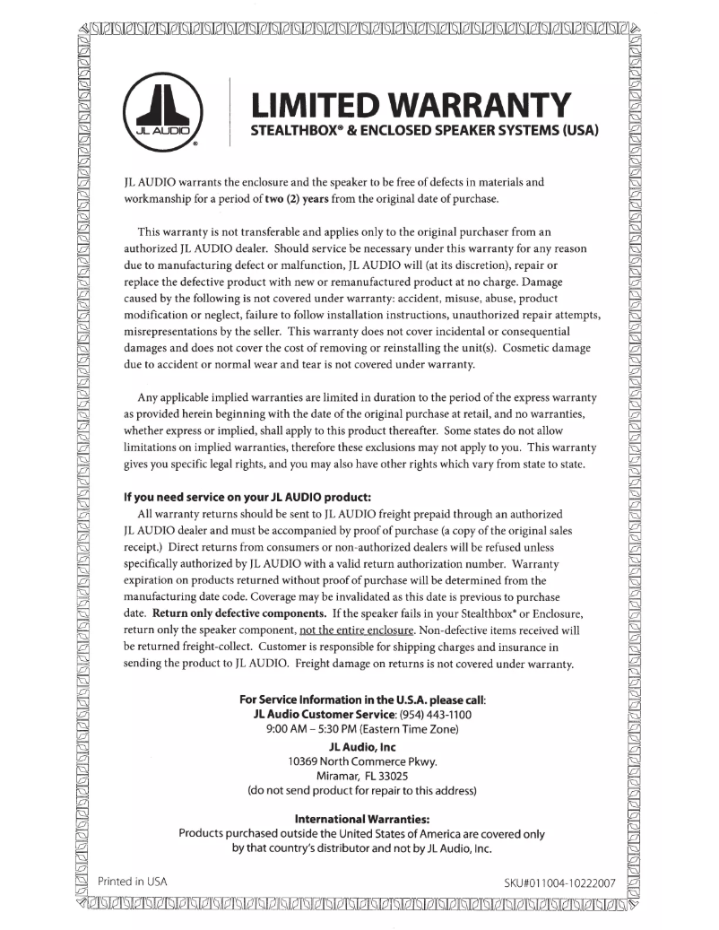 Page 1 de la notice Manuel utilisateur JL Audio CLS110RG-W7AE