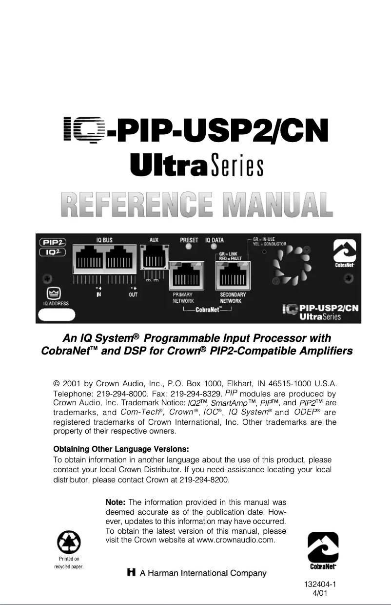Page 1 de la notice Manuel utilisateur Crown IQ-PIP-USP2/CN