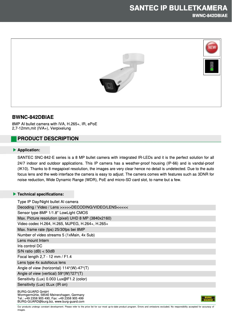 Page 1 de la notice Fiche technique Burg Wächter BWNC-842DBIAE