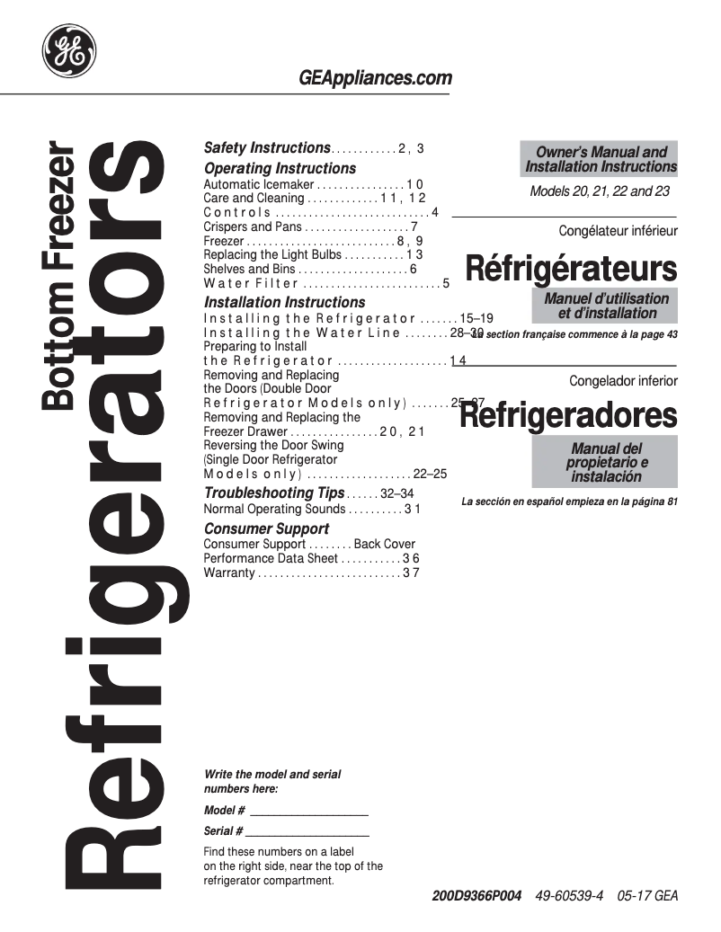 Page 1 de la notice Guide d'installation GE GDSC3KCYWW