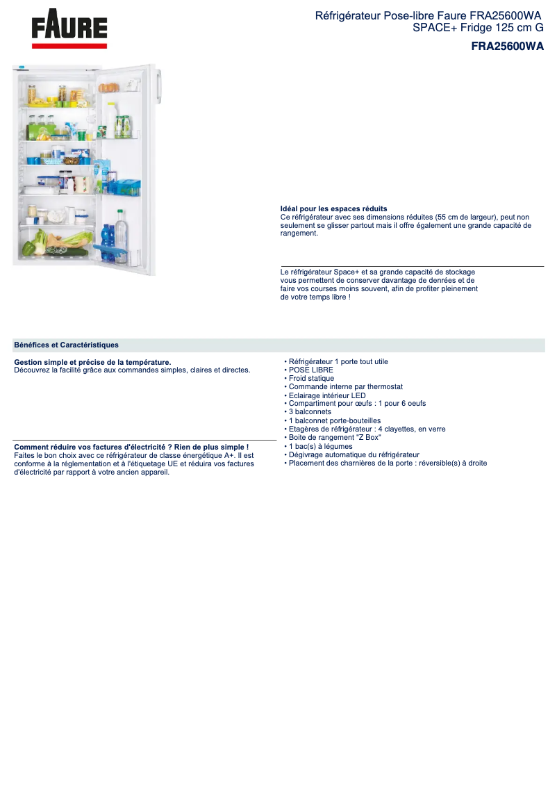 Page 1 de la notice Fiche technique Faure FRA25600WA
