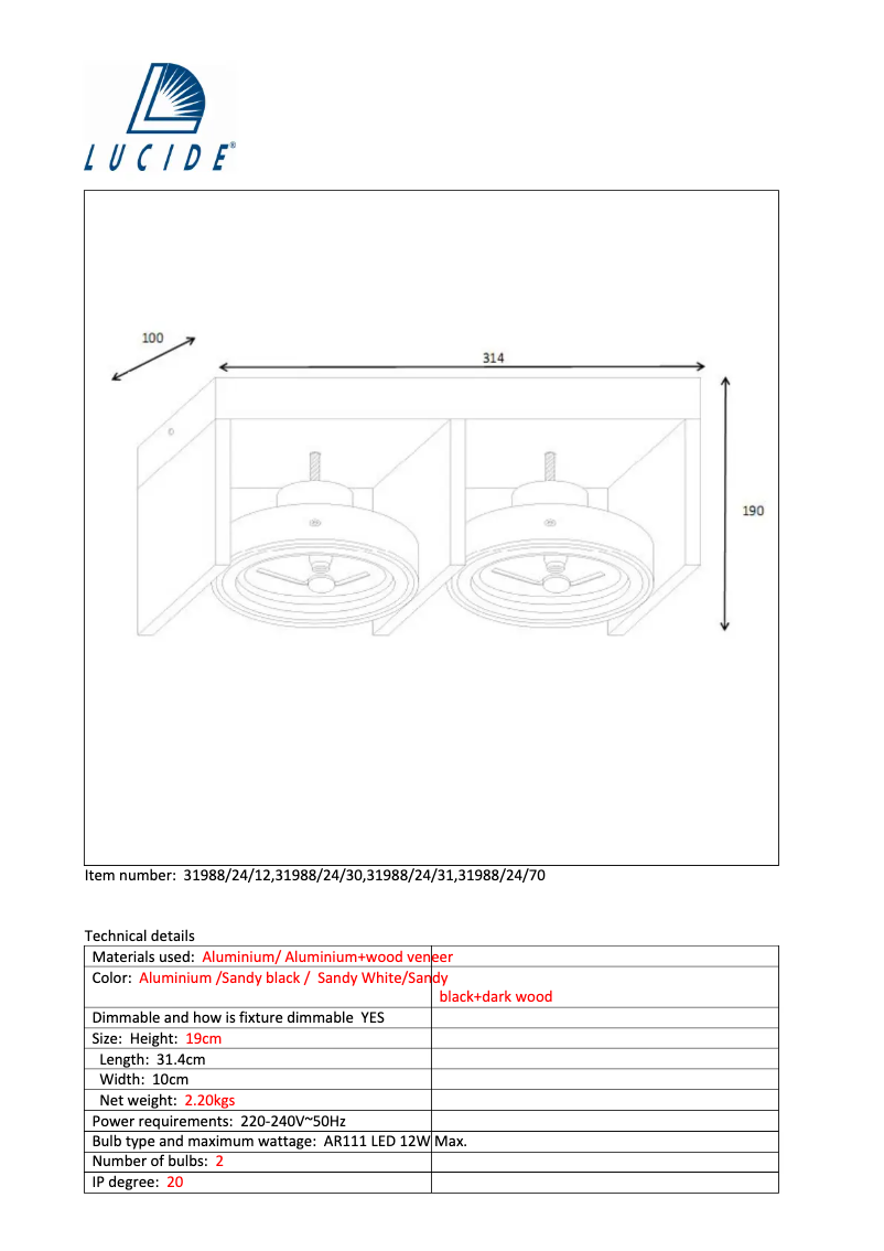 Page 1 de la notice Manuel utilisateur Lucide Zett 31988/24/70