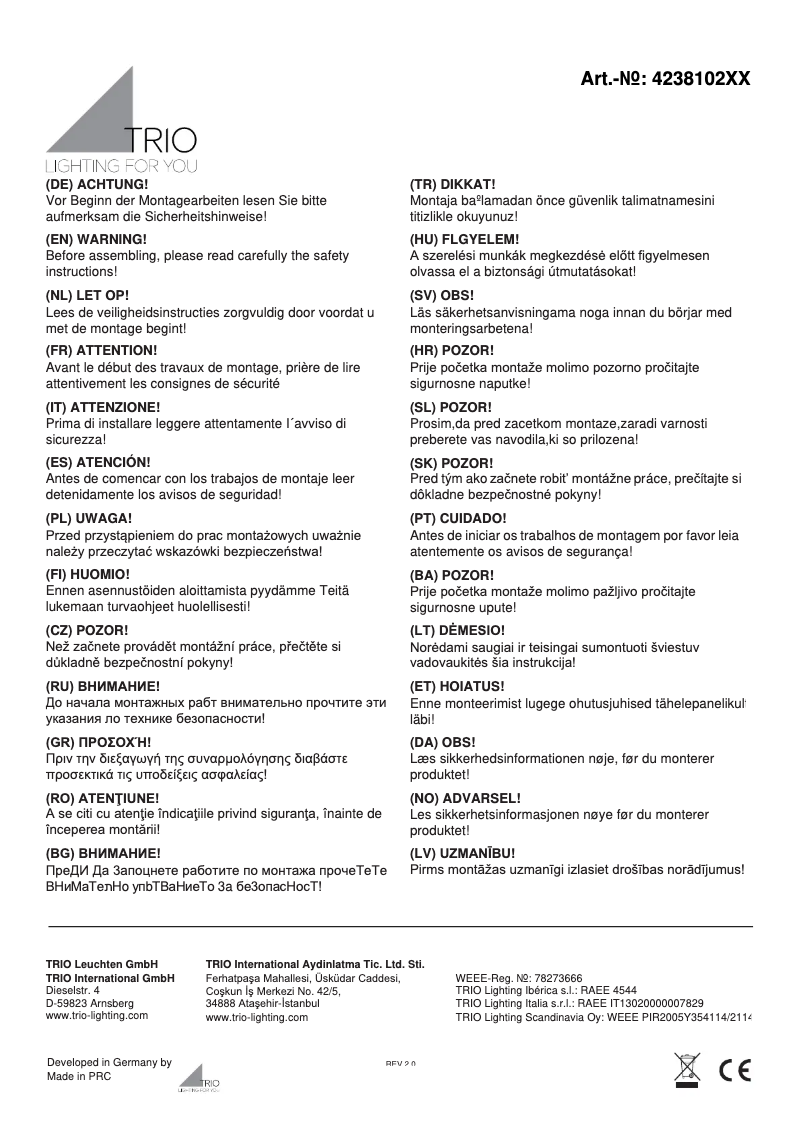 Page 1 de la notice Manuel utilisateur Trio Lighting Michigan 423810207