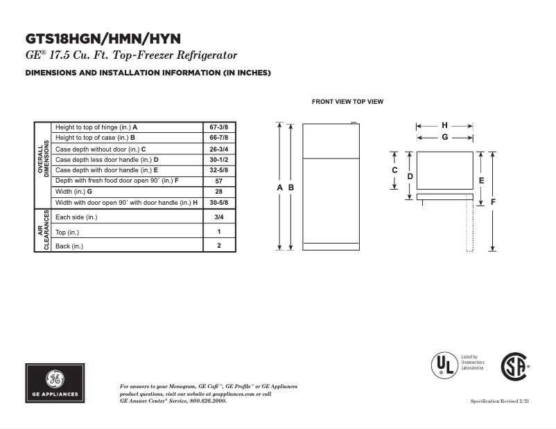 Page n°1 - Fiche technique GE GTS18HYNRFS