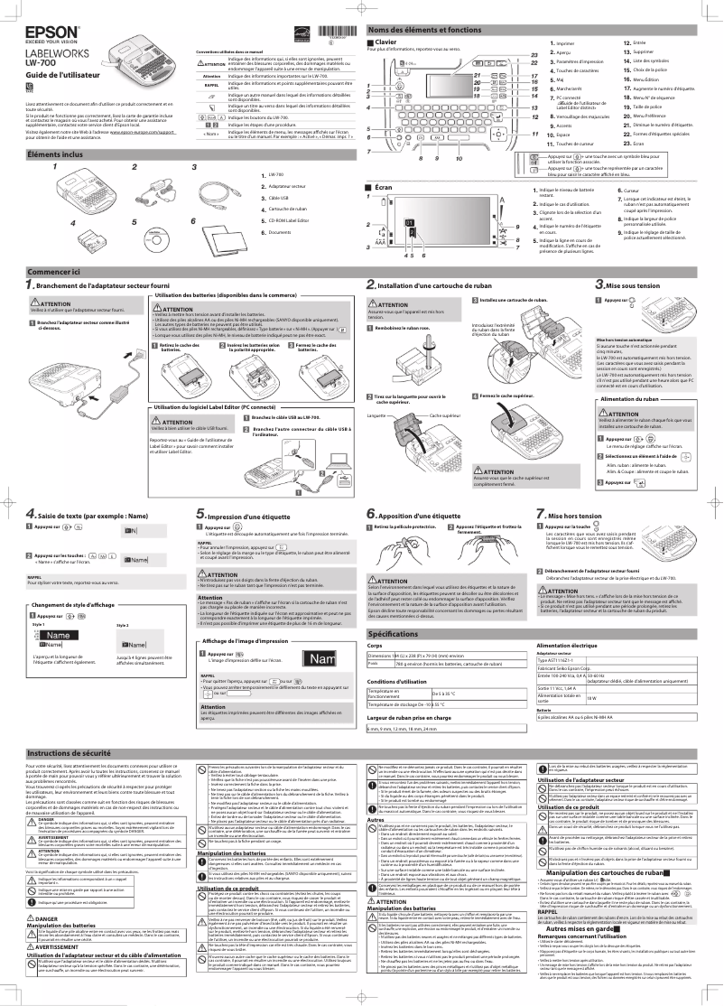 Page 1 de la notice Manuel utilisateur Epson LabelWorks LW-700