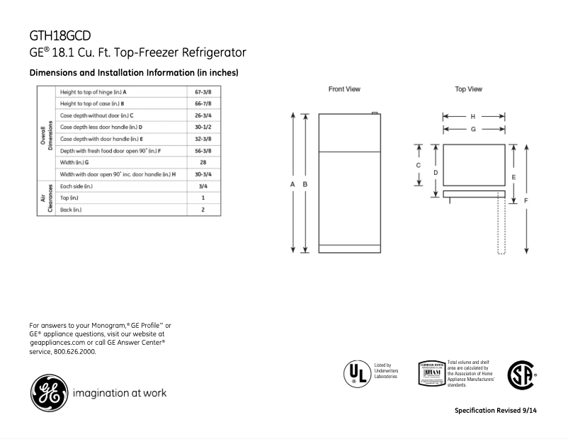 Page 1 de la notice Fiche technique GE GTH18GCDBB