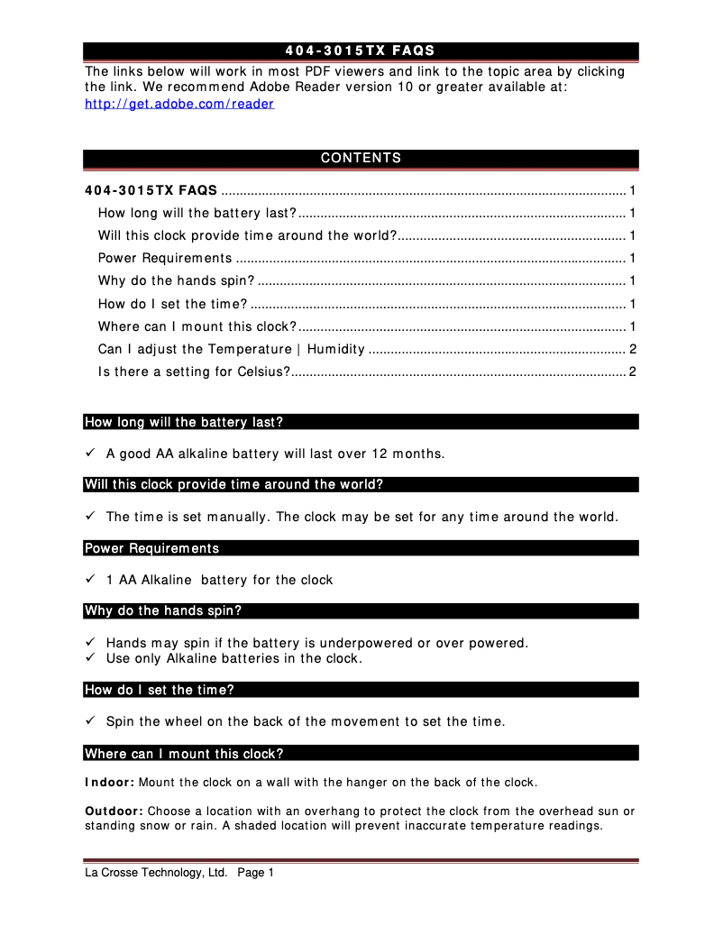 Page 1 de la notice FAQ La Crosse Technology 404-3015TX