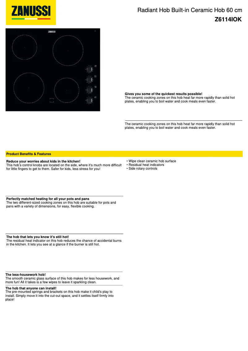 Page n°1 - Fiche technique Zanussi Z6114IOK