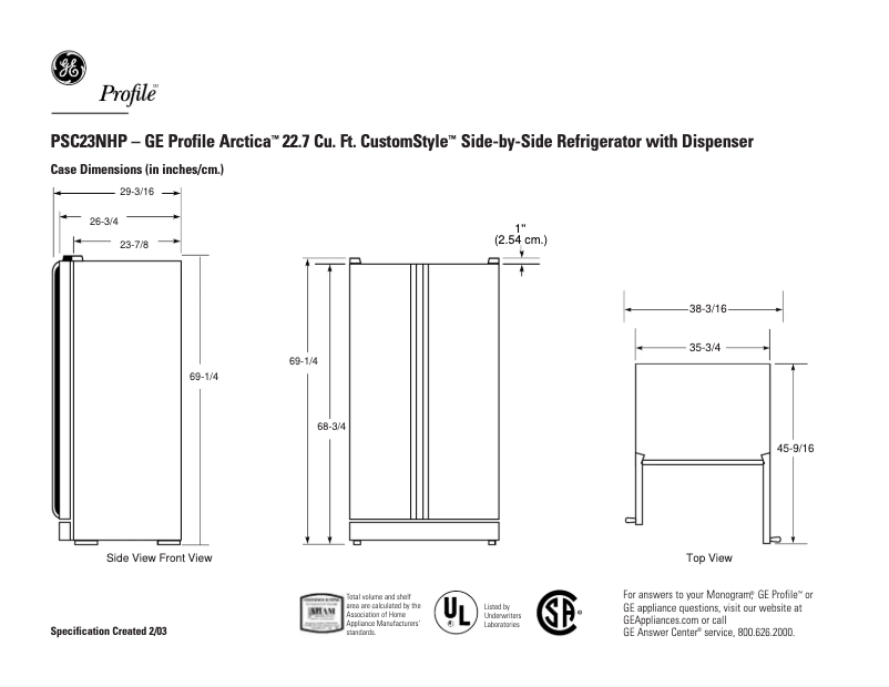 Page n°1 - Fiche technique GE Profile Arctica CustomStyle PSC23NHPBB