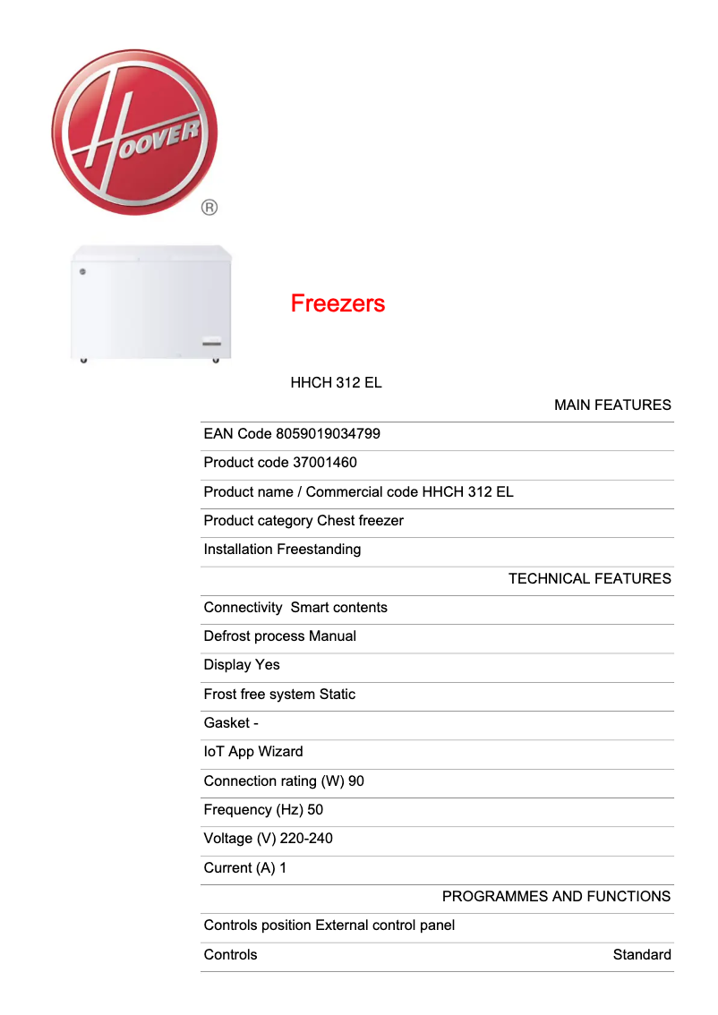 Page 1 de la notice Fiche technique Hoover HHCH 312 EL