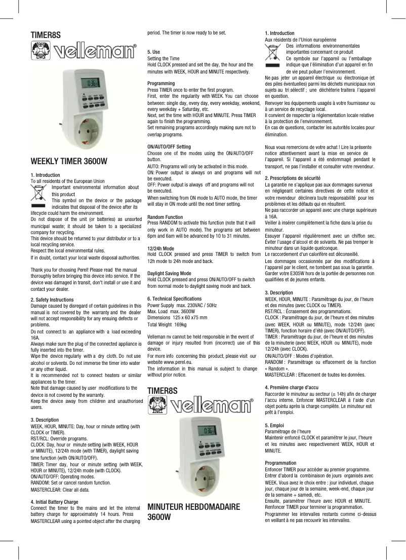 Page n°1 - Manuel utilisateur Velleman TIMER8S