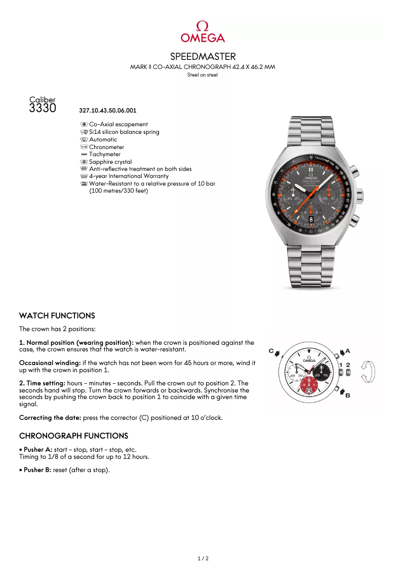 Page 1 de la notice Manuel utilisateur Omega Speedmaster Mark II