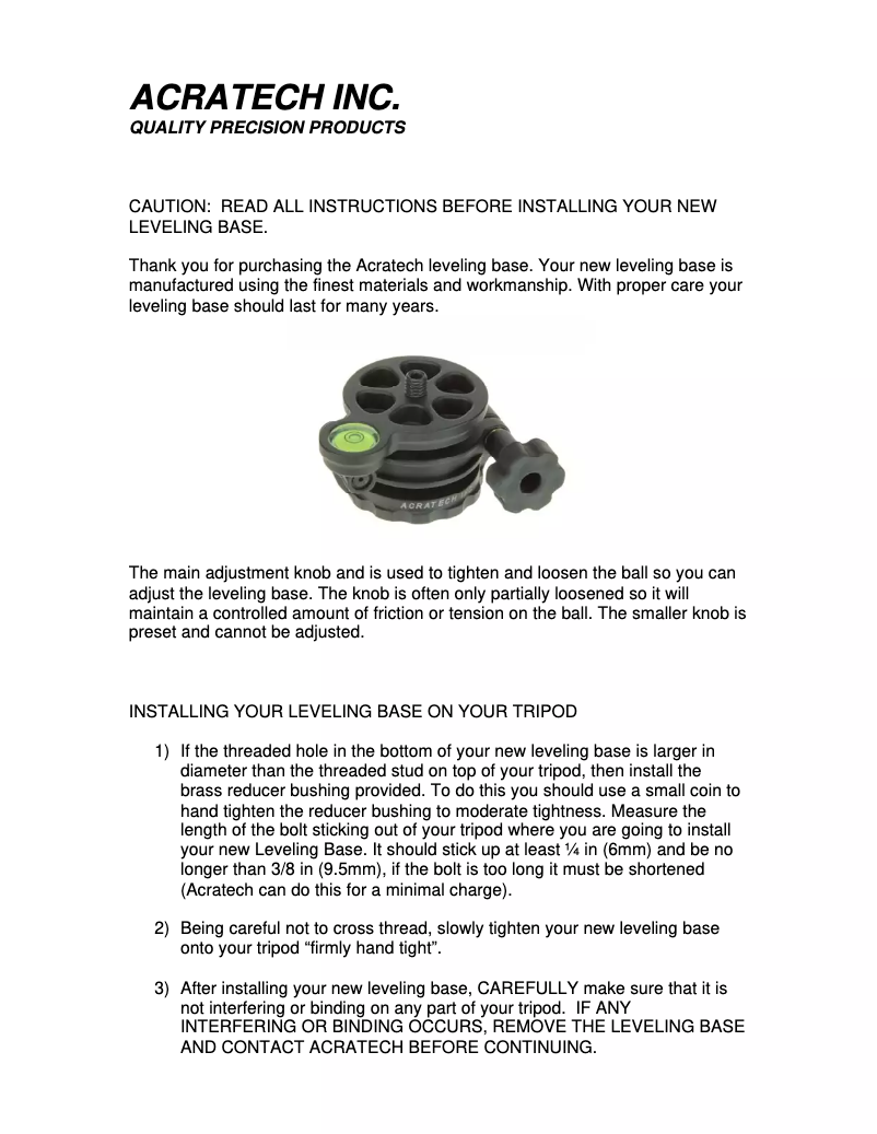 Page n°1 - Manuel utilisateur Acratech Leveling Base 1117