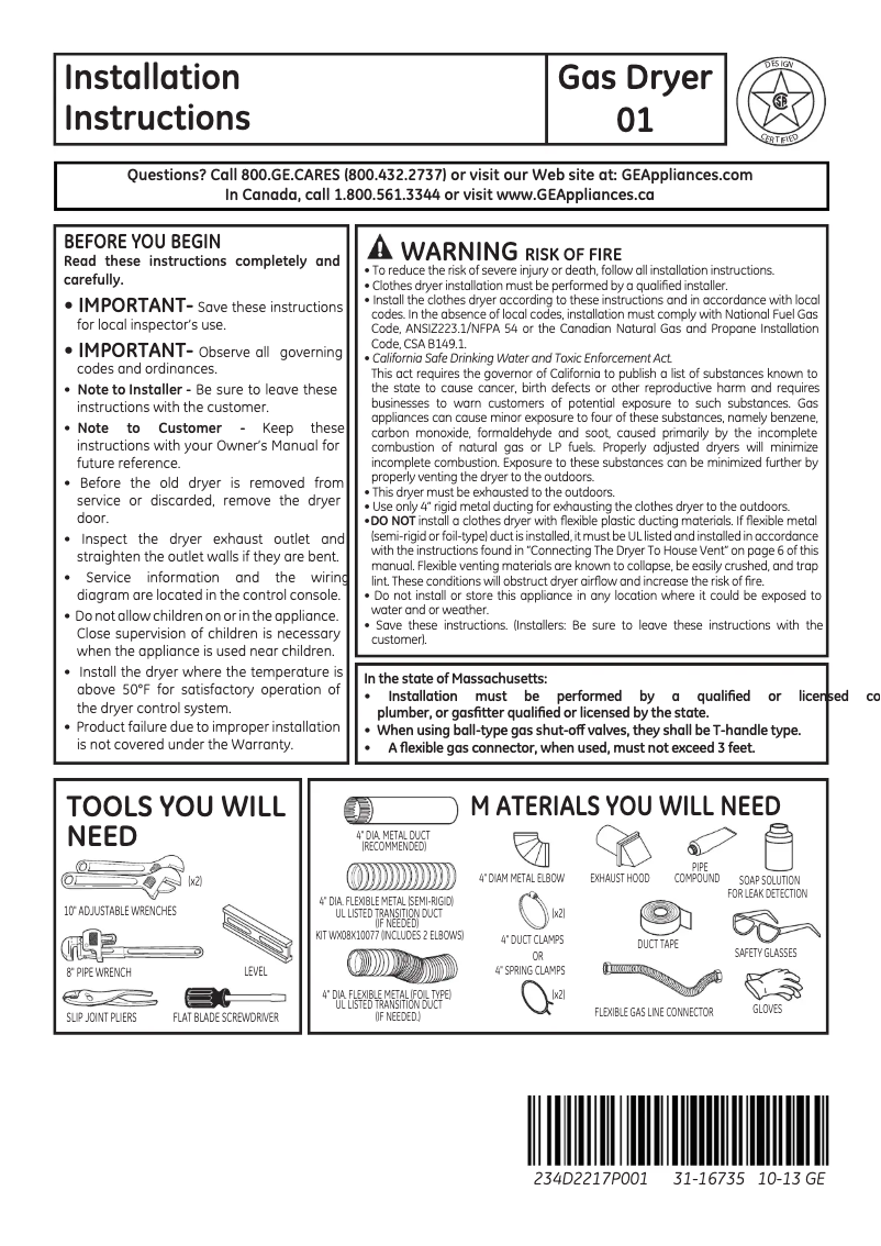 Page 1 de la notice Guide d'installation GE GTDP520GDWW