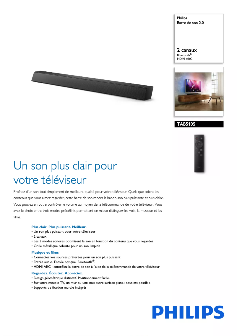 Page 1 de la notice Fiche technique Philips TAB5105