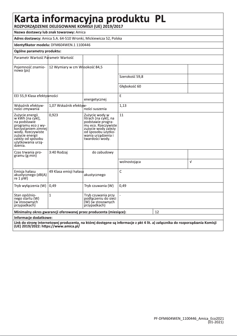 Page n°1 - Manuel utilisateur Amica DFM604WEN