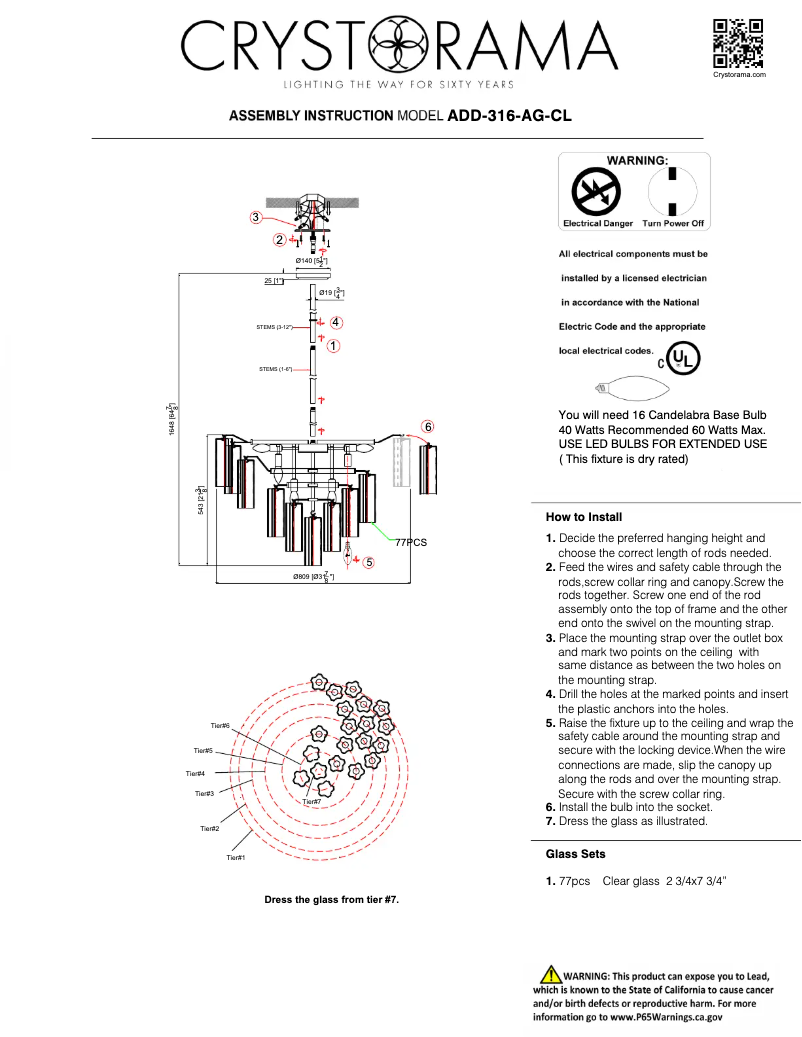 Page 1 de la notice Manuel utilisateur Crystorama Addis ADD-316-AG-CL