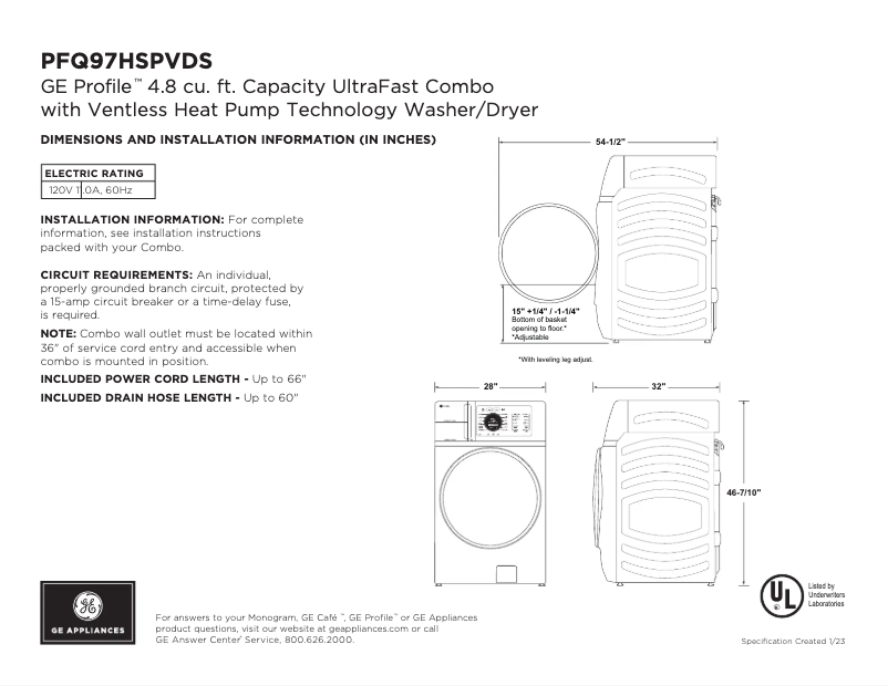 Page 1 de la notice Fiche technique GE PFQ97HS
