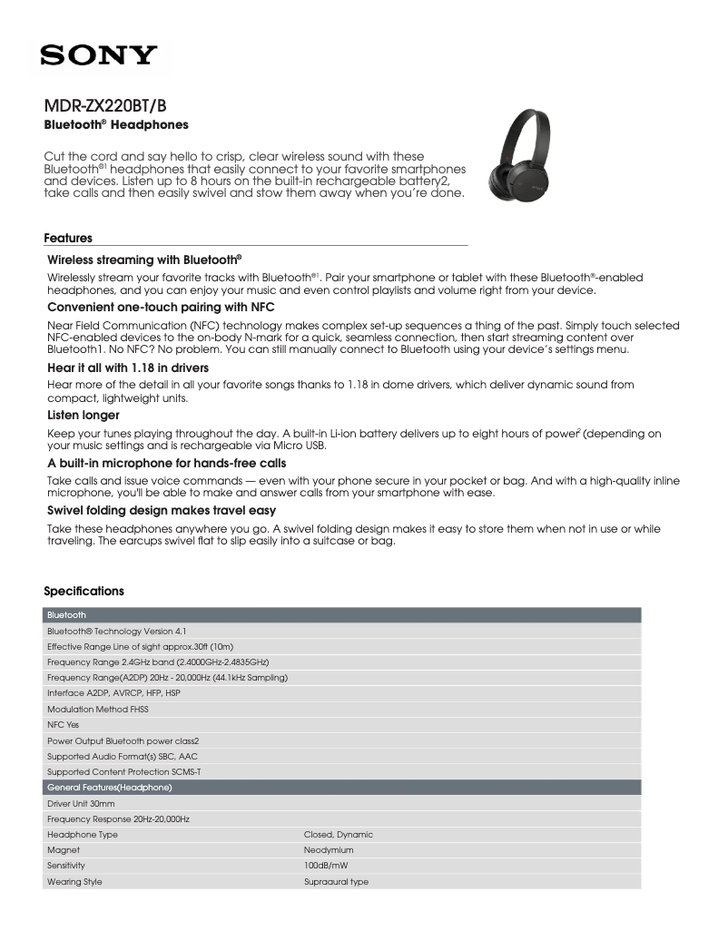 Page 1 de la notice Fiche technique Sony MDR-ZX220BT