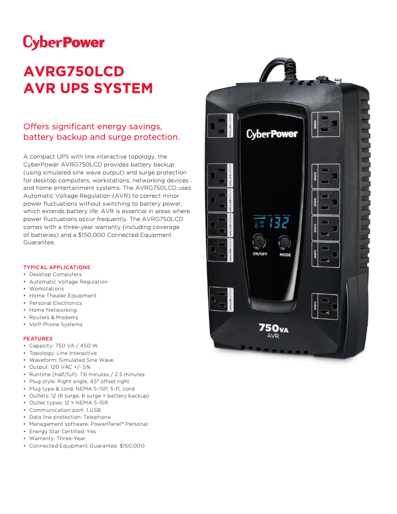 Page n°1 - Fiche technique CyberPower AVRG750LCD