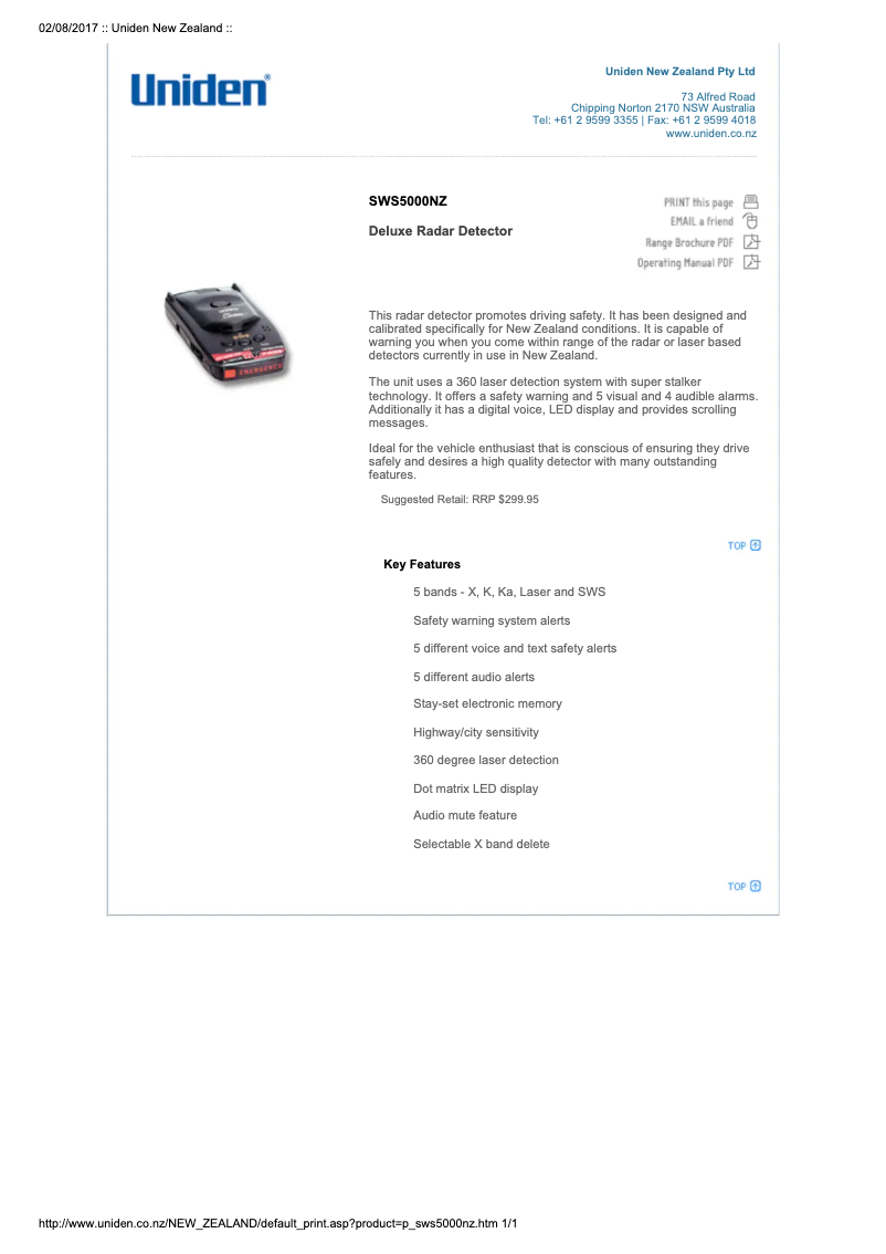 Page 1 de la notice Manuel utilisateur Uniden SWS 5000NZ