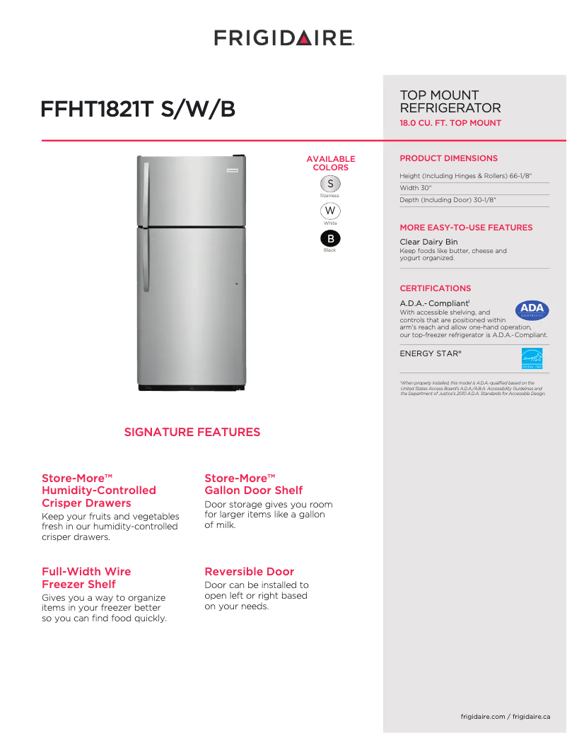 Page 1 de la notice Fiche technique Frigidaire FFHT1821T