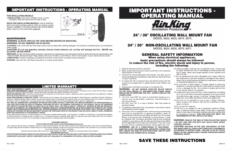 Page 1 de la notice Manuel utilisateur Air King 9030