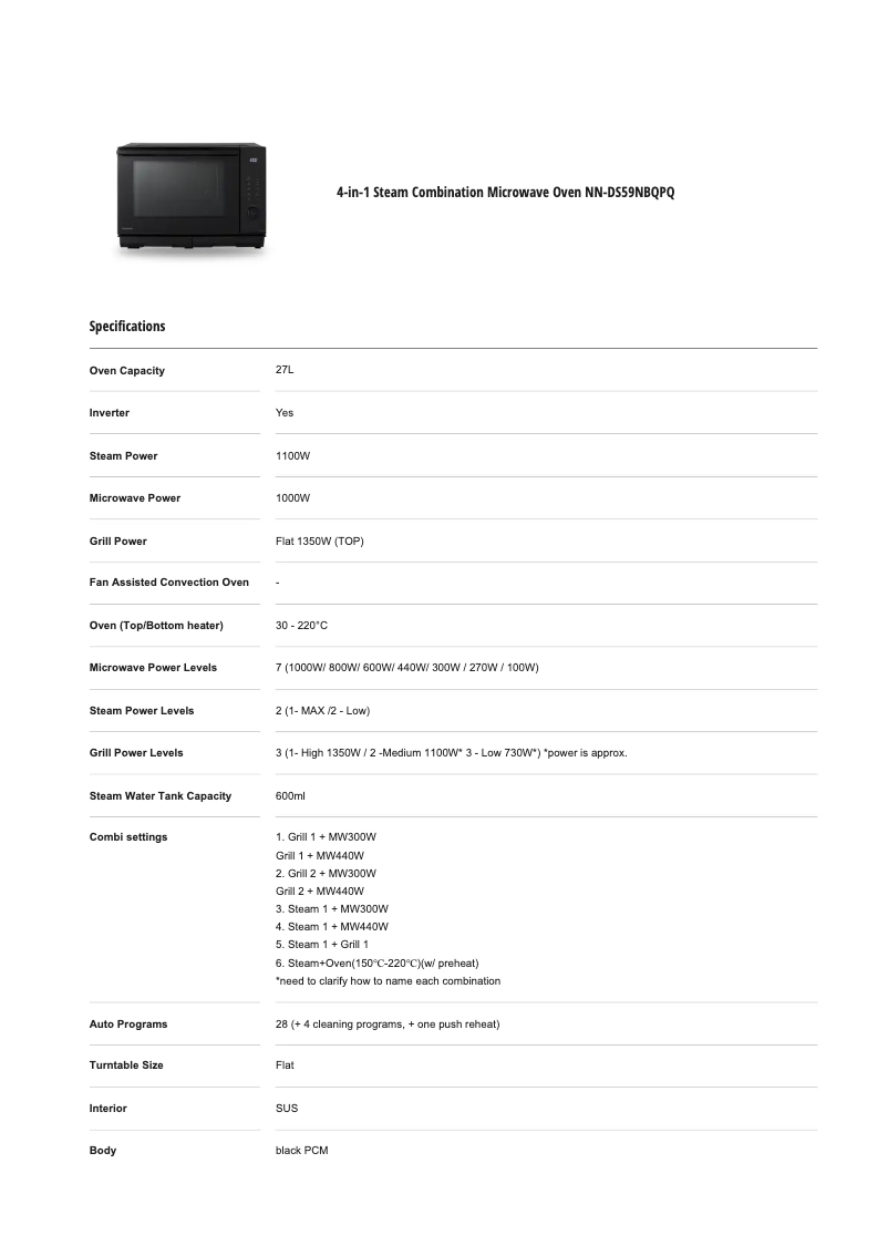 Page 1 de la notice Fiche technique Panasonic NN-DS59