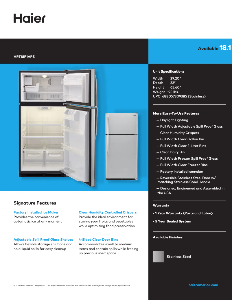 Page n°1 - Fiche technique Haier HRT18F1APS