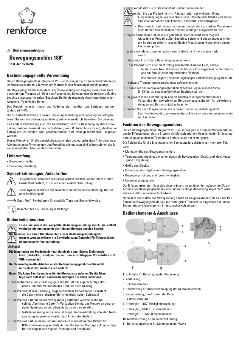 Page 1 de la notice Manuel utilisateur Renkforce 1296294
