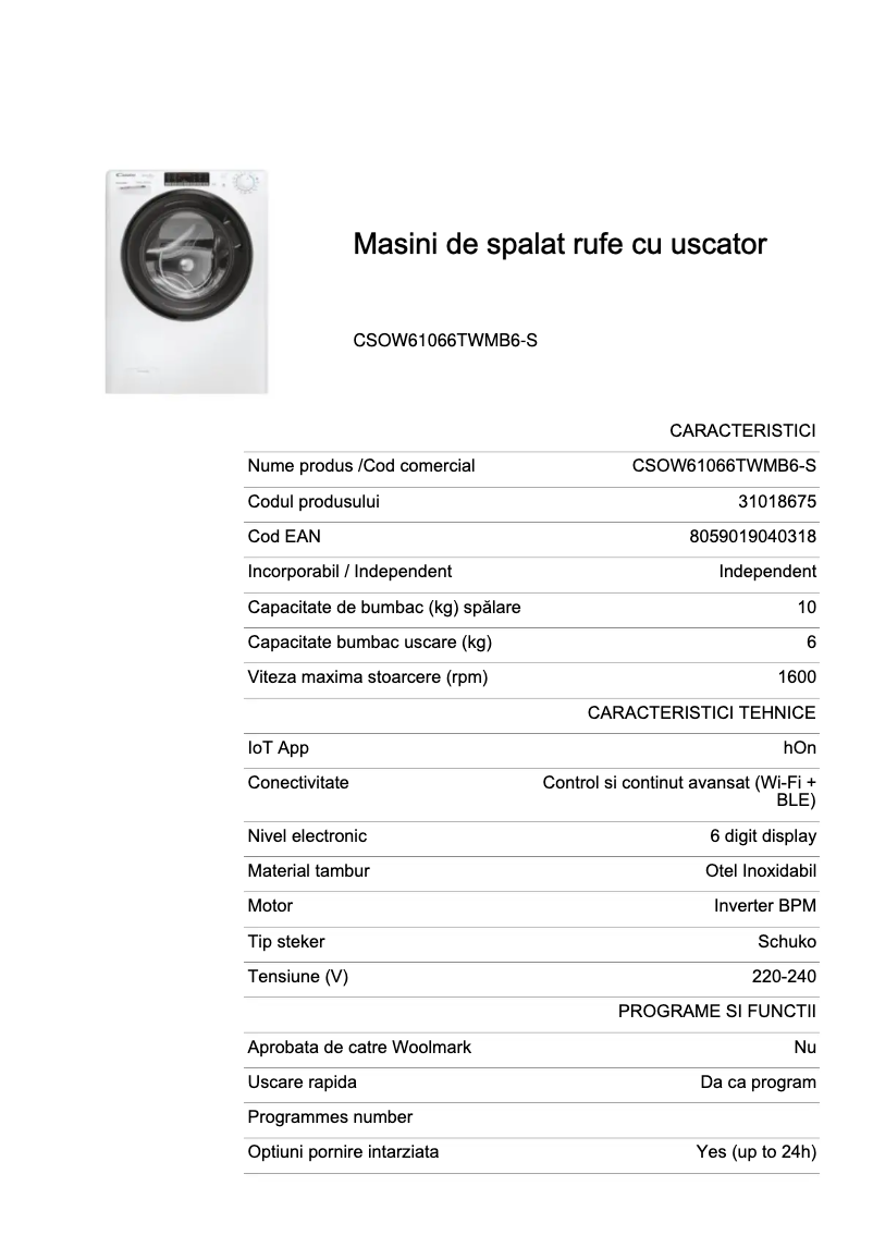 Page 1 de la notice Fiche technique Candy CSOW61066TWMB6-S