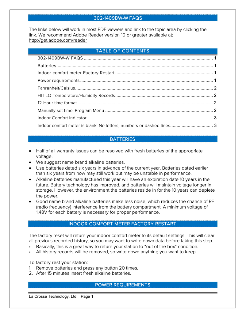 Page n°1 - FAQ La Crosse Technology 302-1409BW-W