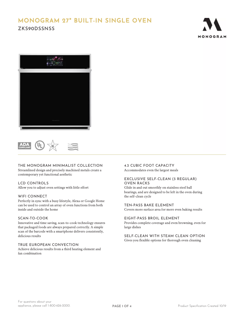 Page n°1 - Fiche technique Monogram ZKS90DSSN