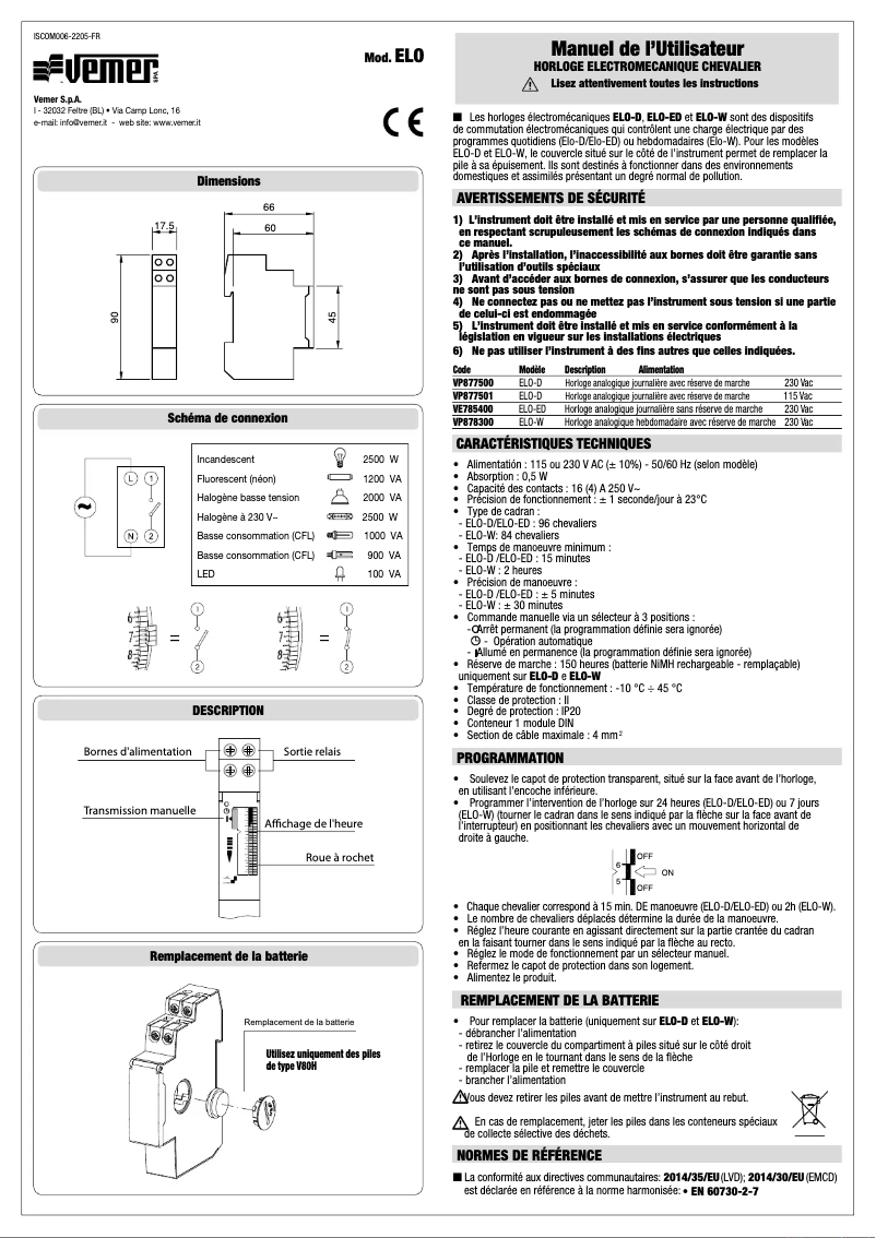 Page 1 de la notice Manuel utilisateur Vemer ELO-ED