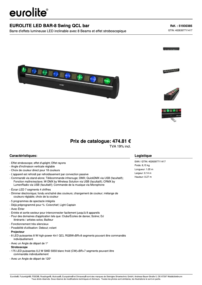 Page 1 de la notice Fiche technique Eurolite LED BAR-8 Swing QCL
