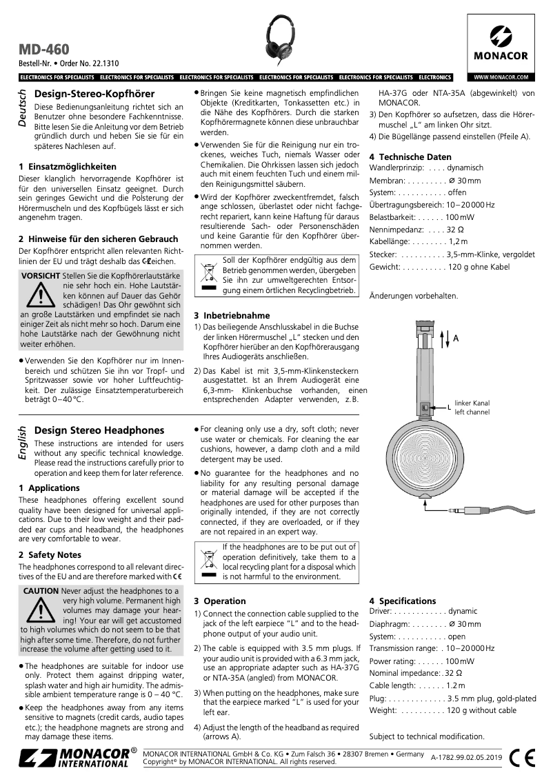 Page 1 de la notice Manuel utilisateur Monacor MD-460