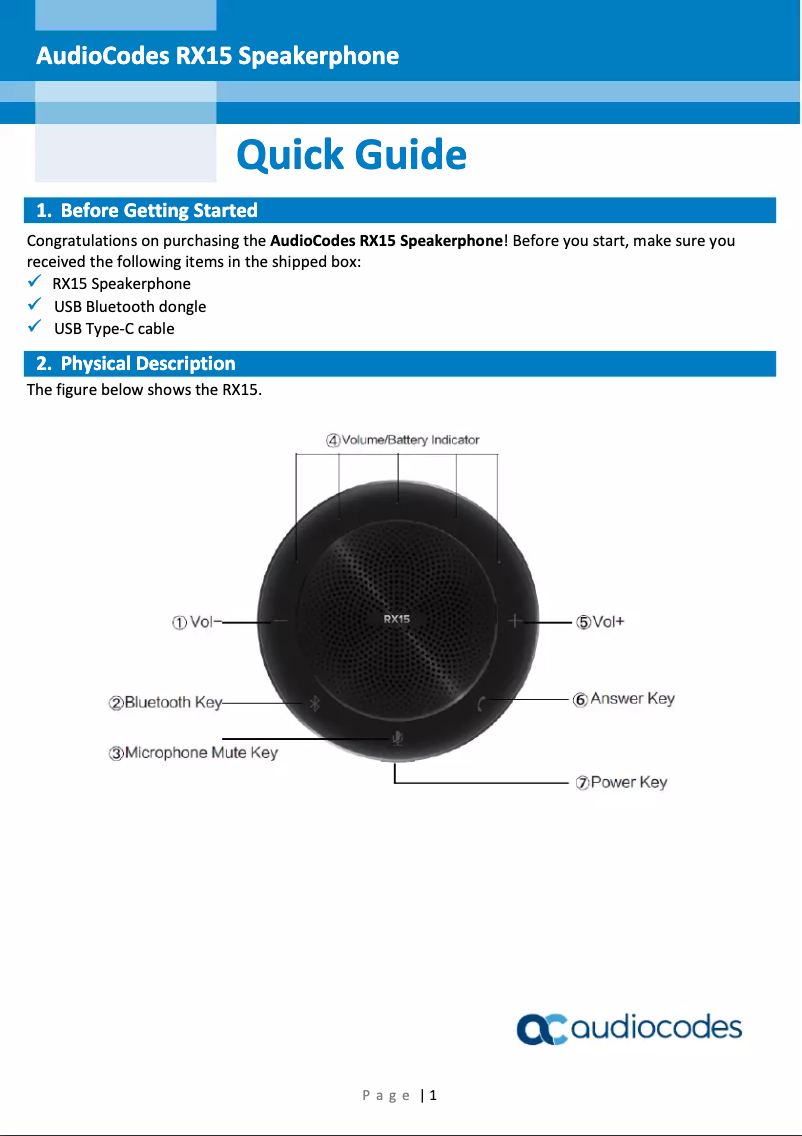 Page n°1 - Manuel utilisateur Audiocodes RX15