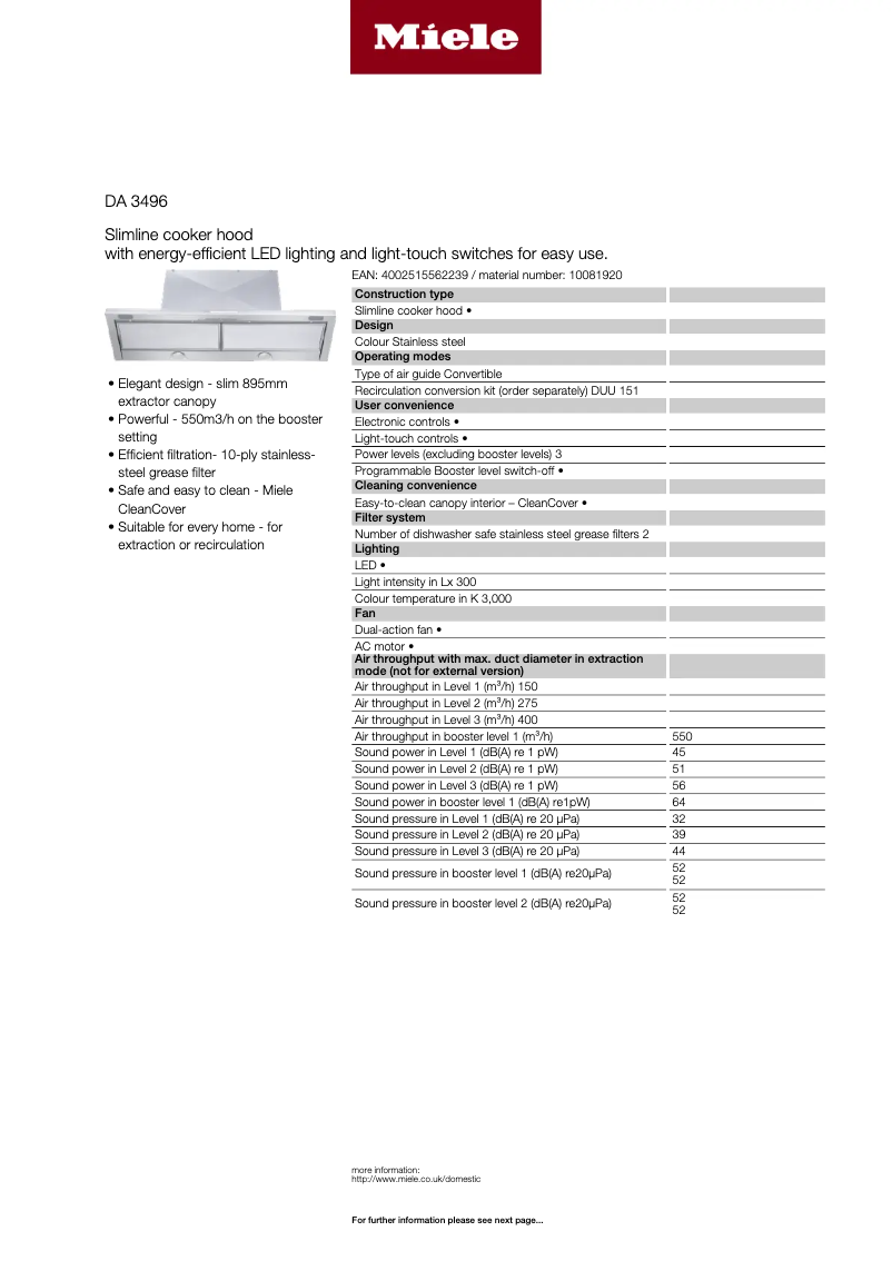 Page n°1 - Fiche technique Miele DA 3496