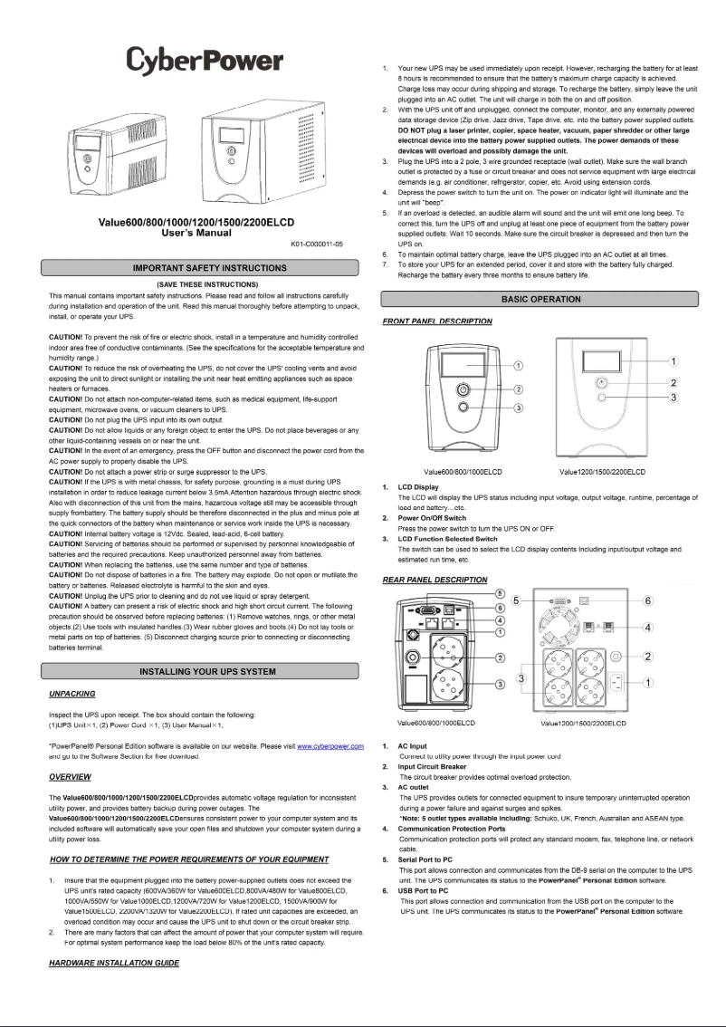 Page n°1 - Manuel utilisateur CyberPower Value1500ELCD