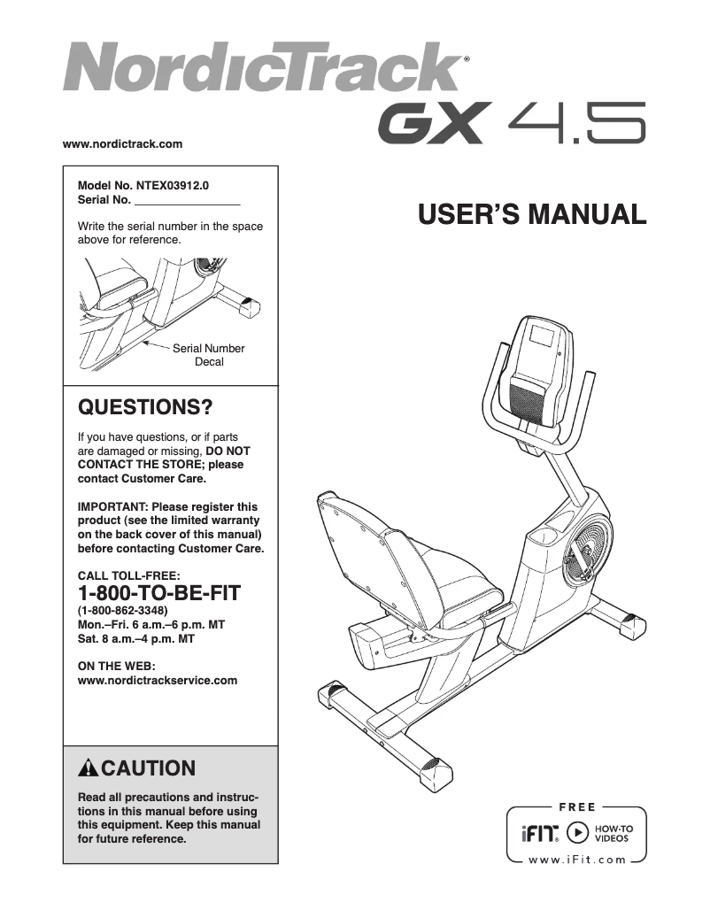 Page n°1 - Manuel utilisateur NordicTrack GX 4.5