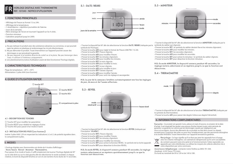 Page 1 de la notice Manuel utilisateur Avidsen 107243