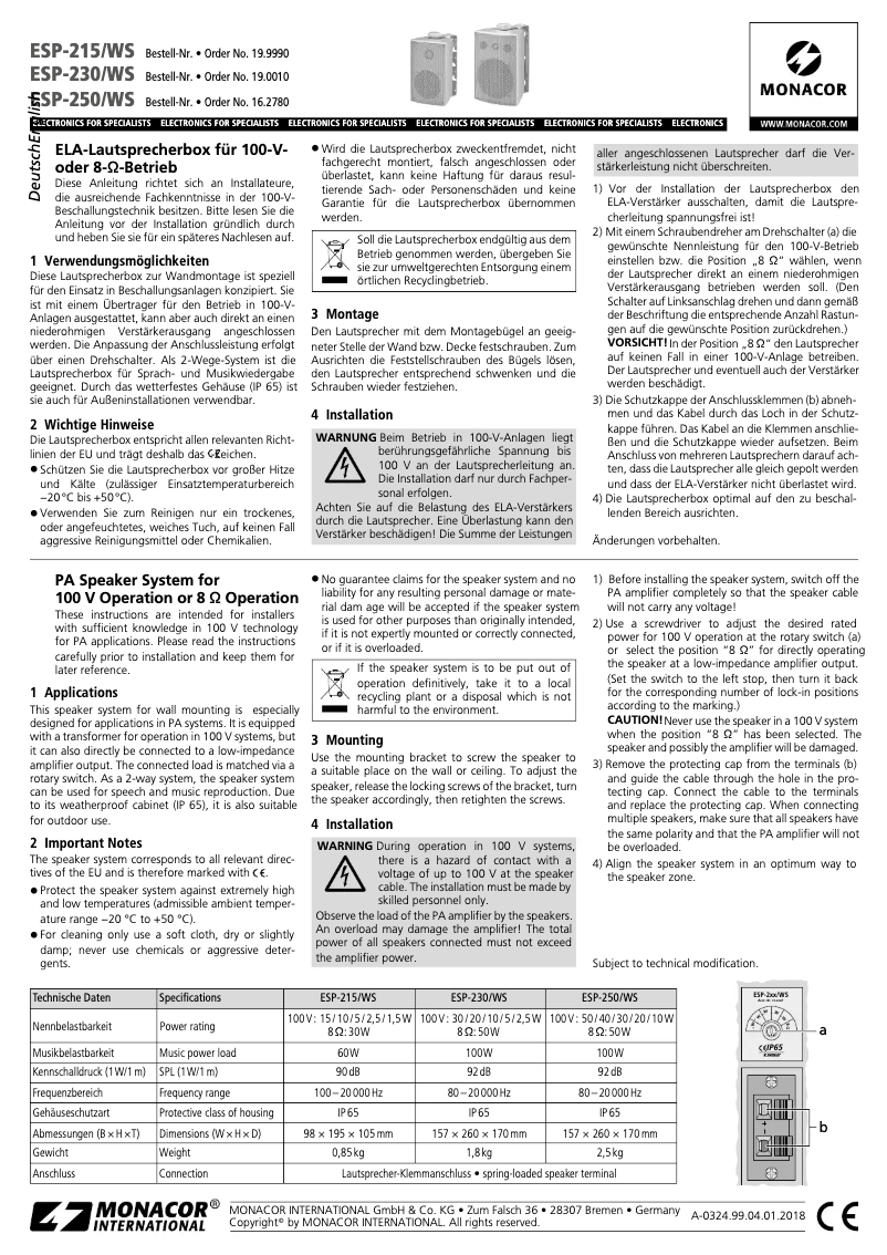 Page n°1 - Manuel utilisateur Monacor ESP-230/WS