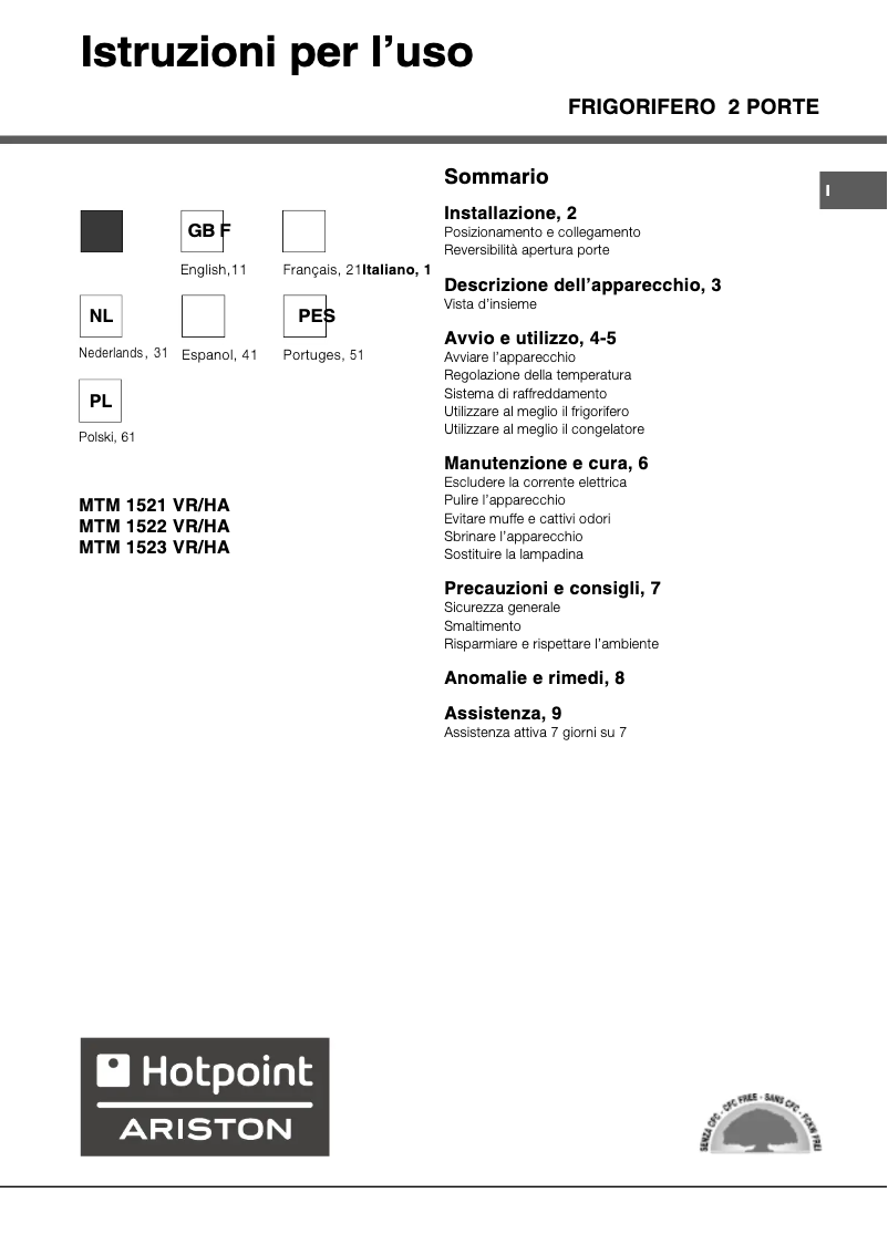 Page 1 de la notice Manuel utilisateur Hotpoint MTM 1521 VR/HA