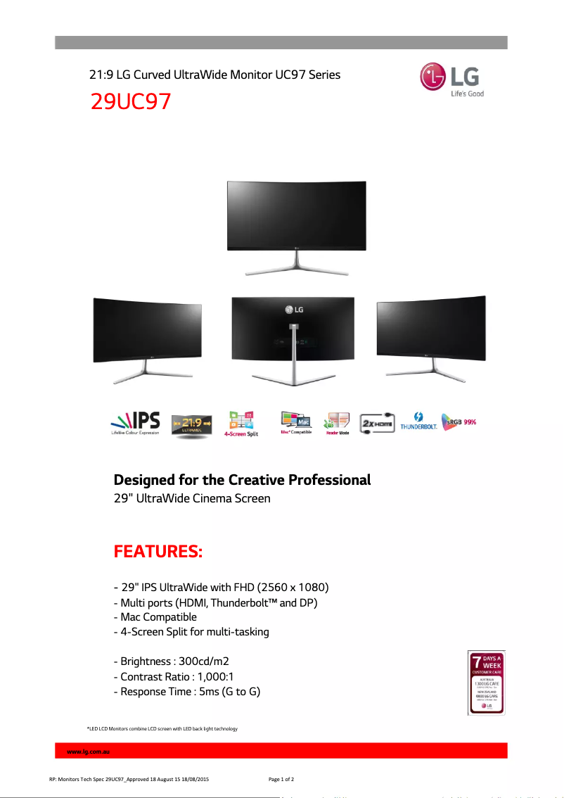 Página 1 del manual Ficha técnica LG 29UC97-S